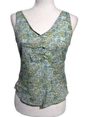 Y2K Old Navy Top Womens S Boho Cottage Blue Yellow Floral Cotton Button-Down Sle